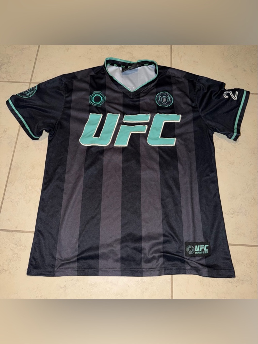 UFC 299 Miami 2024 Event Jersey - Black/Teal Striped - Size Large - Rare